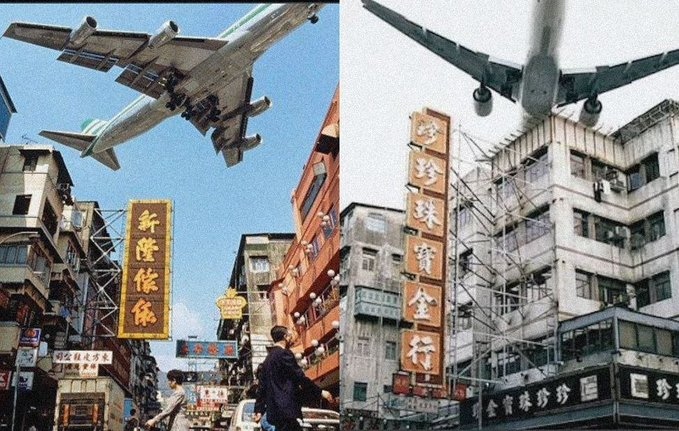 Aviones comerciales vuelan a escasos metros de edificios y carteles en Hong Kong hacia el aeropuerto Kai Tak.