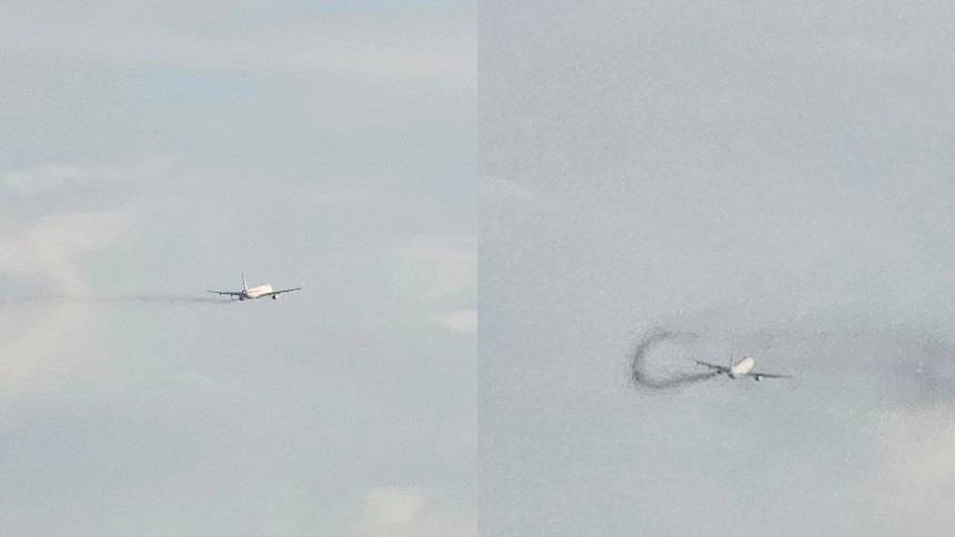 Dos tomas de un avión de pasajeros en vuelo mientras se aproxima y cruza una densa bandada de aves.