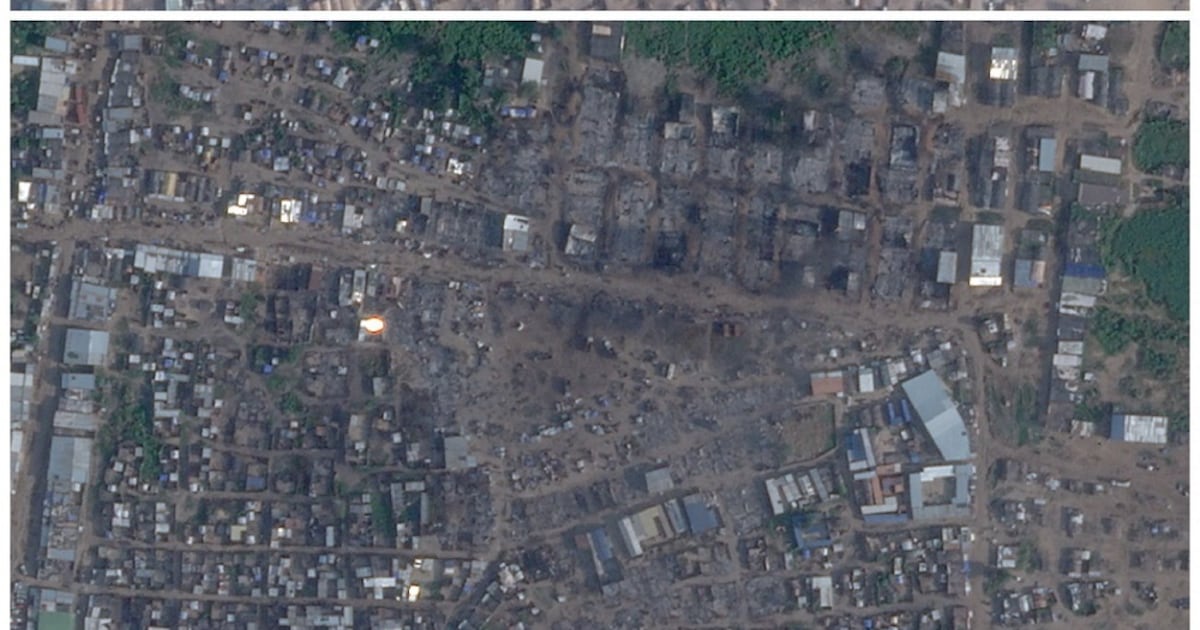 Imágenes satelitales del mercado de Abyei antes y después del ataque con drones del 19 de octubre de 2026