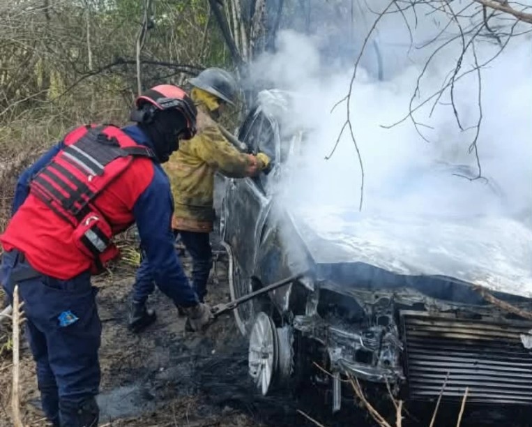Bomberos inspeccionan los restos humeantes de un vehículo calcinado tras un accidente vial.